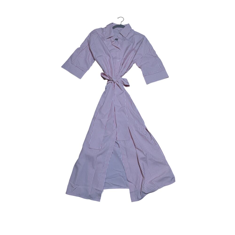 Saint Tropez Prive Pink White Striped Belted Shirt Dress Midi 3/4 Sleeve L